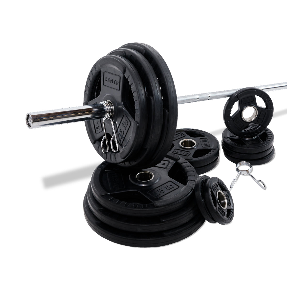 300 lb Olympic Bar with Weights and Barbell Centr